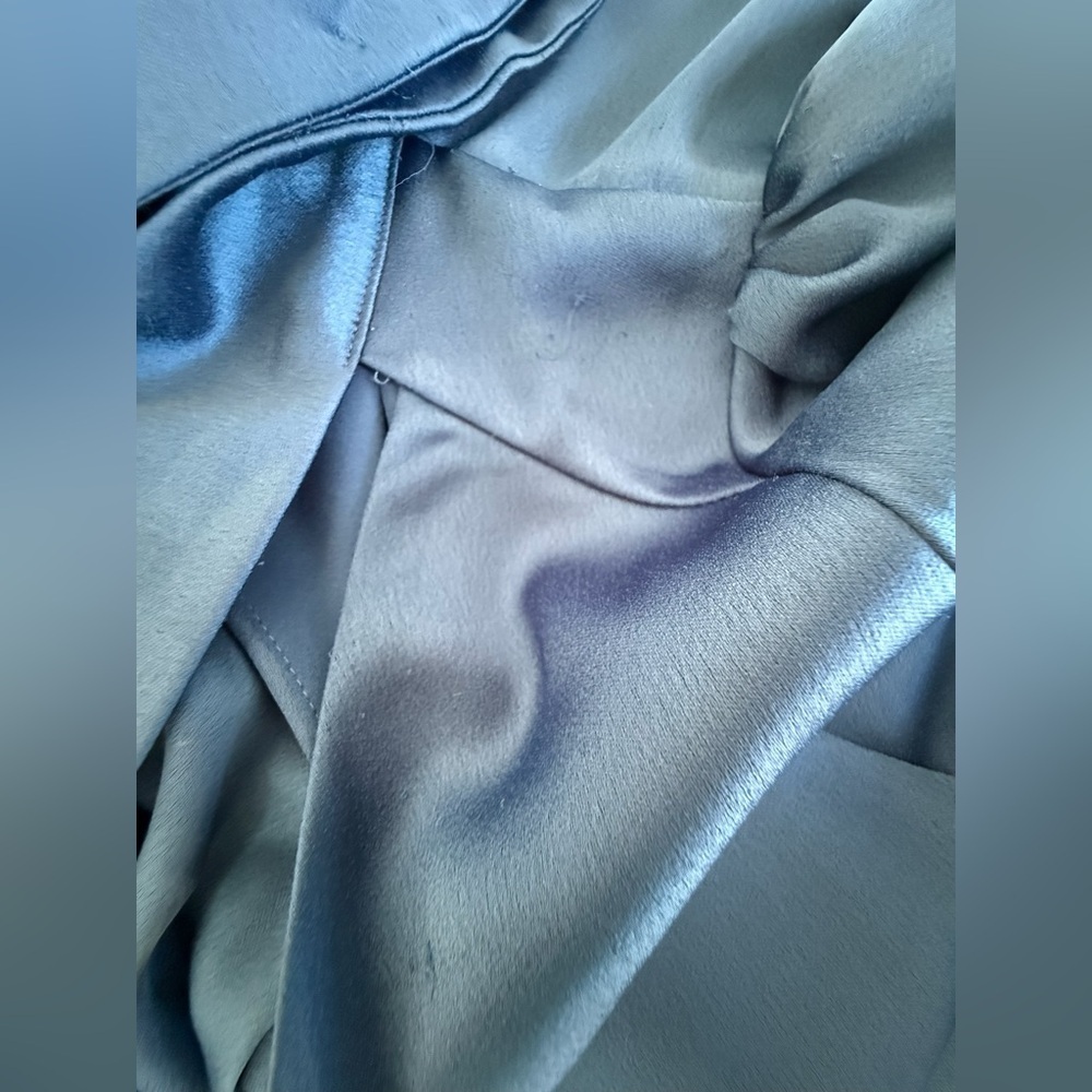 Parker Navy Blue Satin Mini Dress XS Tie Neck Long Sleeve Cascading Ruffle Hem - Picture 14 of 16